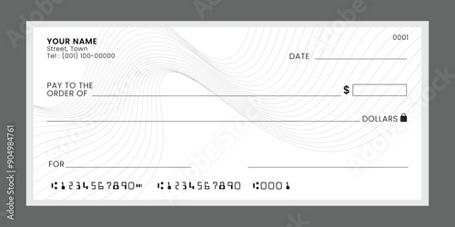 Blank bank check, checkbook cheque template, vector mockup. Money payment bank check voucher or pay cash cheque certificate, account bill paycheck.