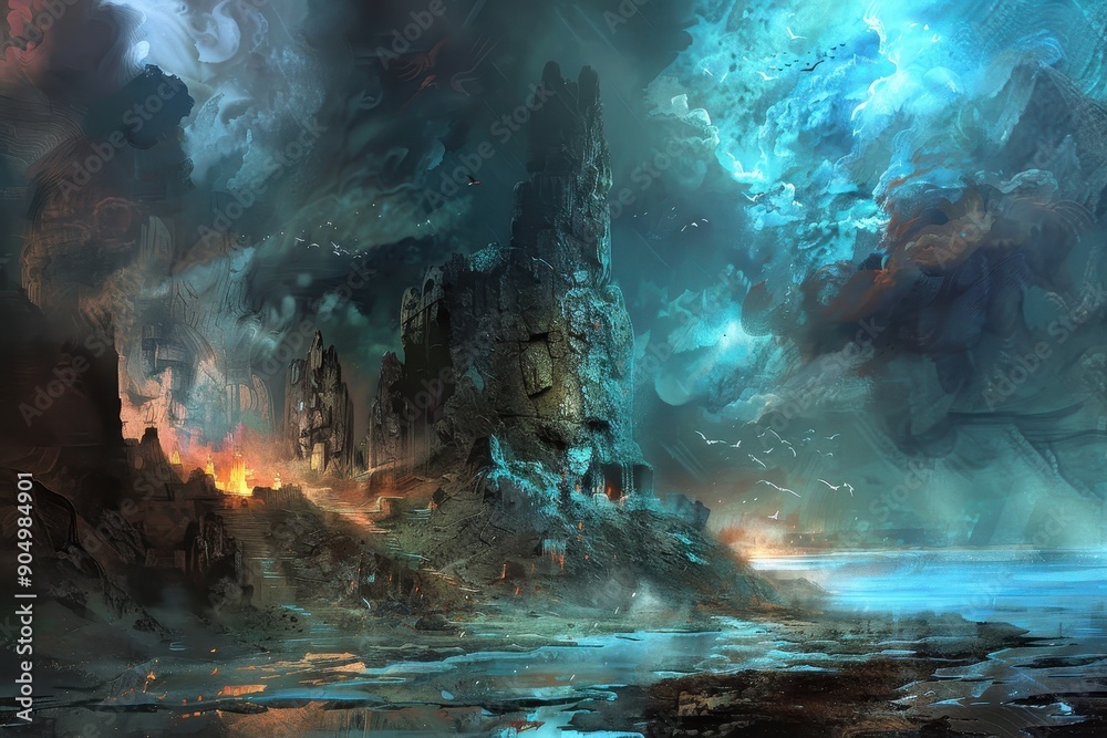 Ancient ruins of a castle tower engulfed in a cataclysmic battle between elemental forces of fire and water Ancient ruins of a castle tower engulfed in a cataclysmic battle between elemental forces of fire and water