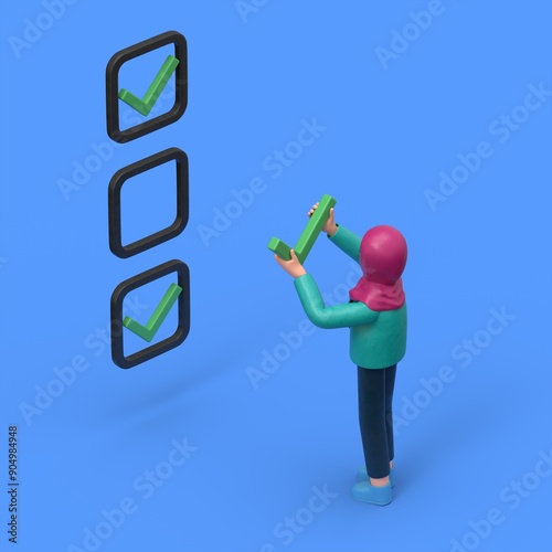 3D illustration of smiling Arab woman Ghaliyah putting check mark in the box, testing or planning.3D rendering on blue background.
 photo