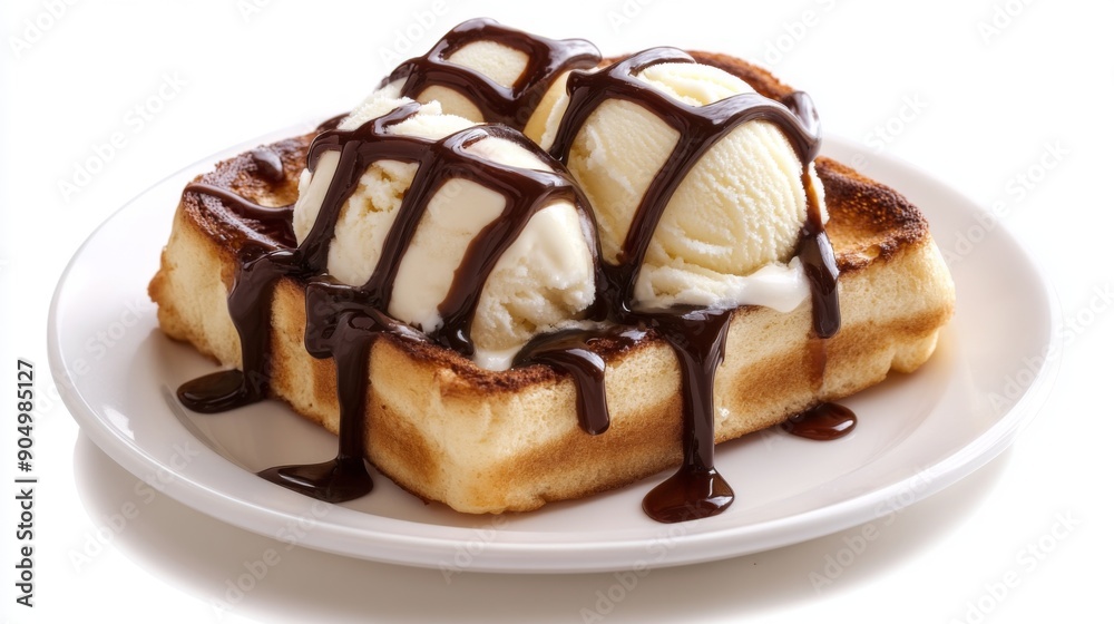 A delicious serving of honey toast with chocolate syrup and ice cream, isolated on a white background. A delicious serving of honey toast with chocolate syrup and ice cream, isolated on a white background.
