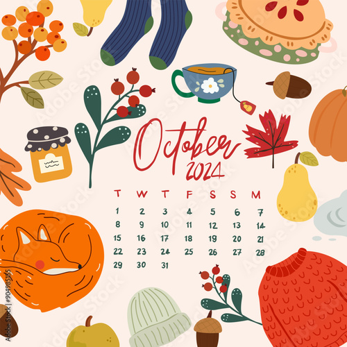 Welcome Fall concept. Autumn forest plants, animals, leaf, autumn fruits and clothing to protect against rain. Floral seasonal frame. Cozy October 2024 calendar. Handwritten inscription of the month