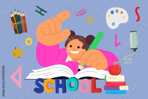 Welcome back to school vector. Background design with children, schoolgirl and education accessories element. Kids hand drawn flat design