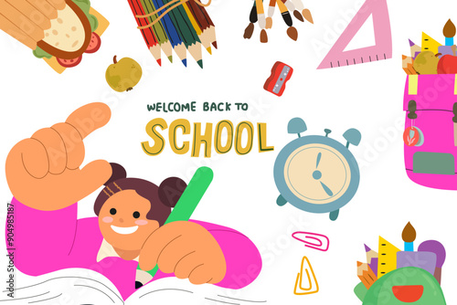 Welcome back to school vector. Background design with children, schoolgirl and education accessories element. Kids hand drawn flat design