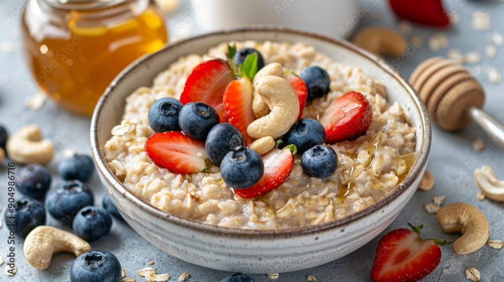 A bowl of oatmeal topped with a variety of fresh fruits and nuts, creating a nutritious and delicious breakfast option. The concept of a healthy breakfast. A bowl of oatmeal topped with a variety of fresh fruits and nuts, creating a nutritious and delicious breakfast option. The concept of a healthy breakfast.