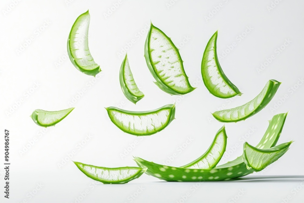 Falling Aloe vera, slice, isolated on white background, full depth of field, ai Falling Aloe vera, slice, isolated on white background, full depth of field, ai