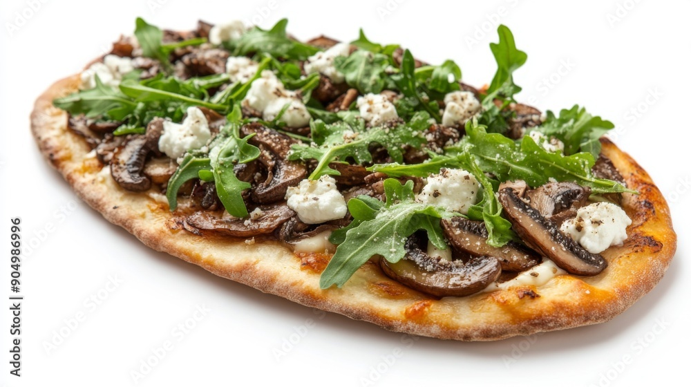A gourmet flatbread topped with truffle mushrooms, goat cheese, and arugula, isolated on white A gourmet flatbread topped with truffle mushrooms, goat cheese, and arugula, isolated on white