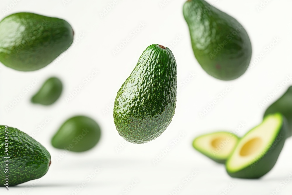 Falling avocado isolated on white background, full depth of field , ai Falling avocado isolated on white background, full depth of field , ai
