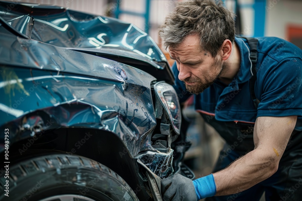 Expert car accident repair  skilled technician restores body structure with precision for safety