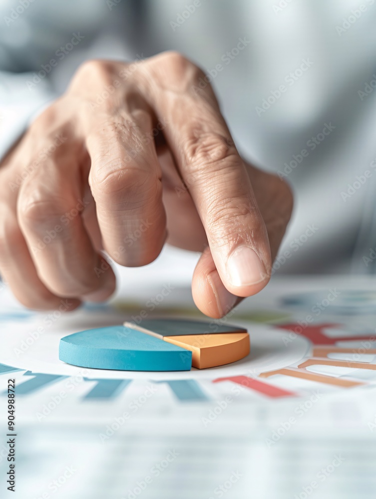 A close-up shot of an investor's hand pointing to different sections of an asset allocation pie chart, highlighting the importance of distribution across various asset classes A close-up shot of an investor's hand pointing to different sections of an asset allocation pie chart, highlighting the importance of distribution across various asset classes