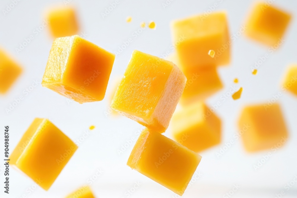 Falling Mango cube isolated on white background, full depth of field, ai Falling Mango cube isolated on white background, full depth of field, ai