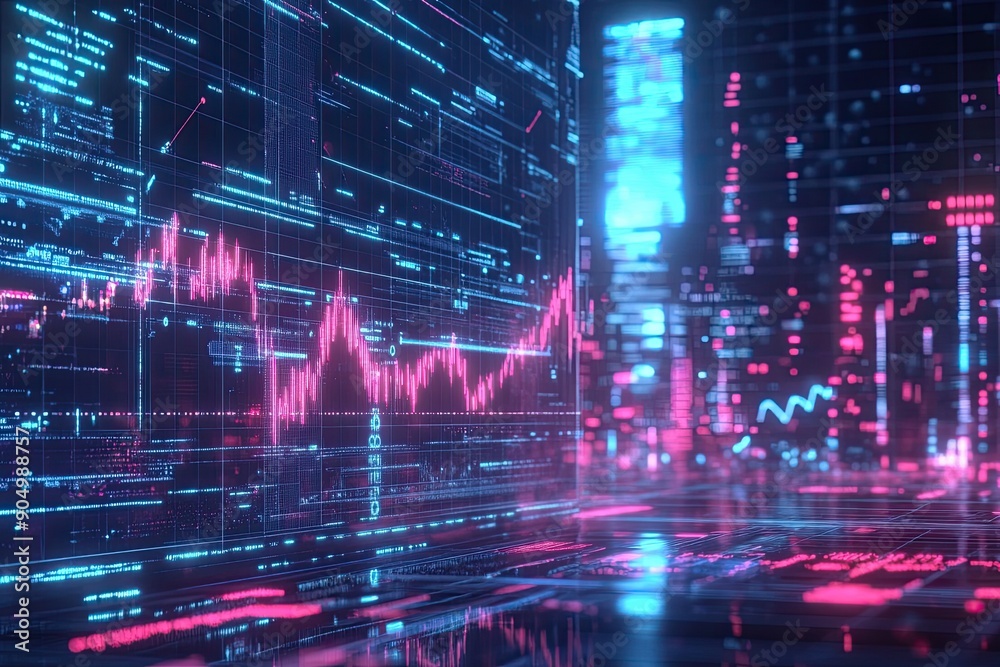 Abstract Digital Data Visualization with Pink and Blue Glowing Lines