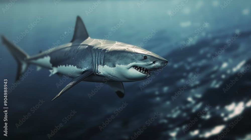 Naklejka premium Great White Shark Swimming Gracefully in Deep Blue Ocean Waters