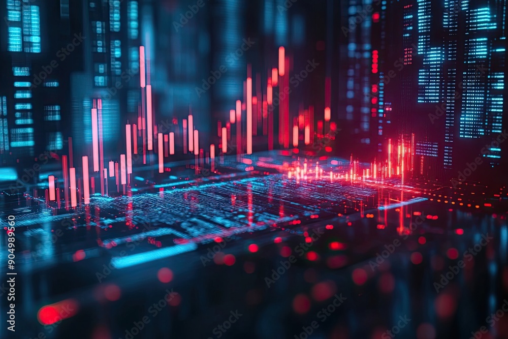 Abstract Digital Cityscape with Glowing Red and Blue Lights Abstract Digital Cityscape with Glowing Red and Blue Lights