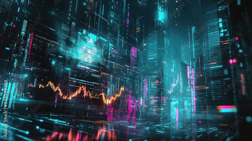 Obraz premium A Futuristic Cityscape Rendered with Neon Lights and Data Streams