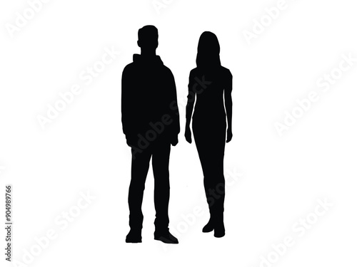 Vector silhouettes of man and a woman, a couple of standing business people, black color isolated on white background
