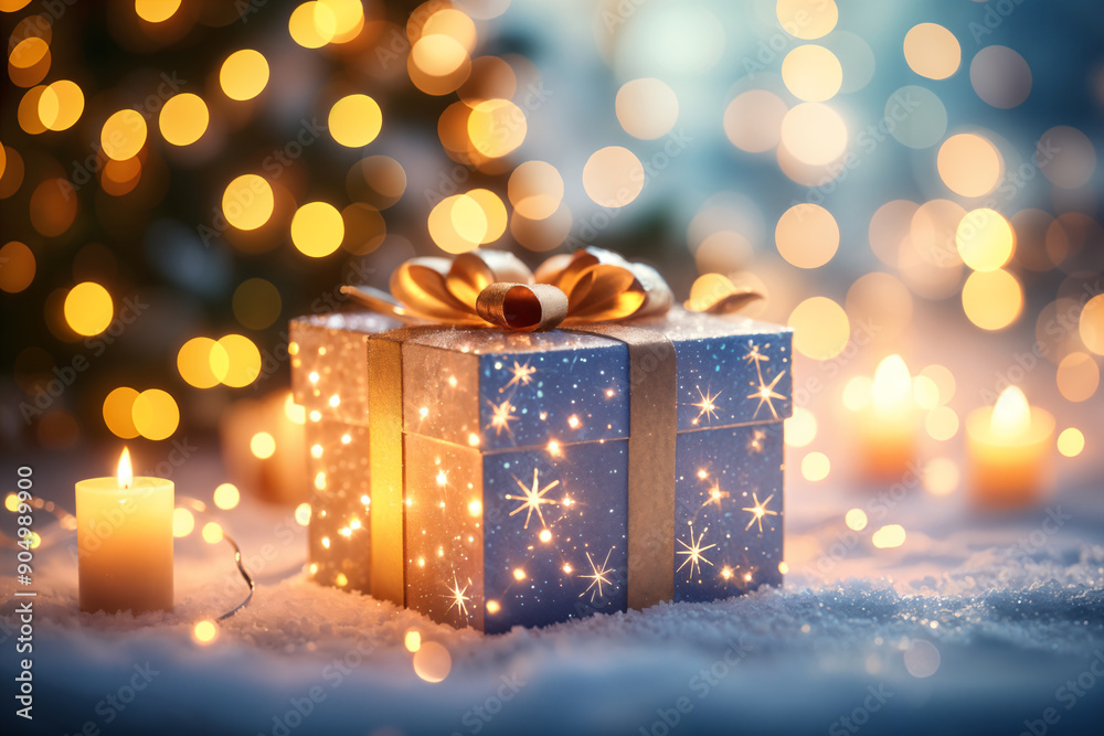 Festive scene with a lit candle and a gift box adorned with blue and gold colors, sparkles, and a bow on top, set against a blurred background of what appears to be Christmas lights. Festive scene with a lit candle and a gift box adorned with blue and gold colors, sparkles, and a bow on top, set against a blurred background of what appears to be Christmas lights.