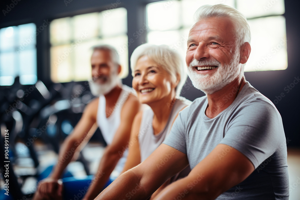Beautiful elderly people attending gym having healthy lifestyle way of life, modern indoors sports space, Generative AI Beautiful elderly people attending gym having healthy lifestyle way of life, modern indoors sports space, Generative AI