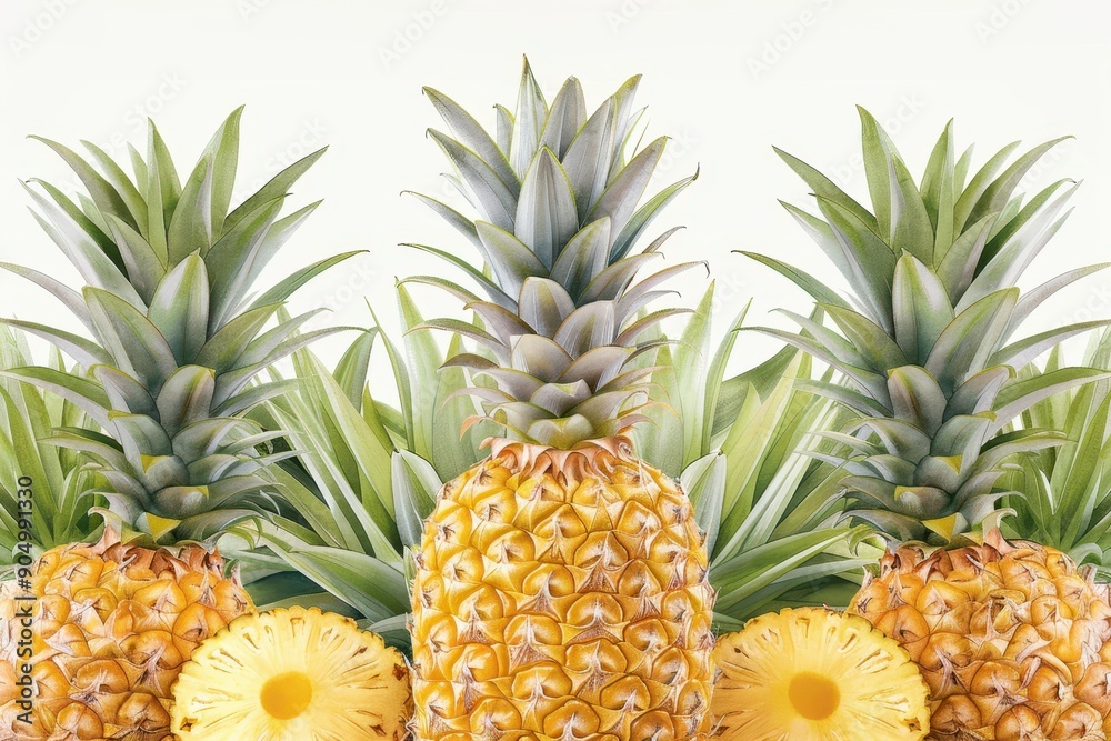 Vibrant arrangement of fresh pineapples showcasing their distinctive texture and color, perfect for tropical themes and culinary uses. Vibrant arrangement of fresh pineapples showcasing their distinctive texture and color, perfect for tropical themes and culinary uses.