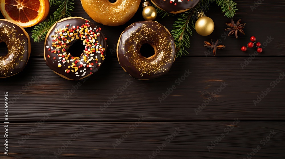 Fresh donuts, fir branches and citrus fruits on a dark background. Festive mood. Happy New Year concept Fresh donuts, fir branches and citrus fruits on a dark background. Festive mood. Happy New Year concept