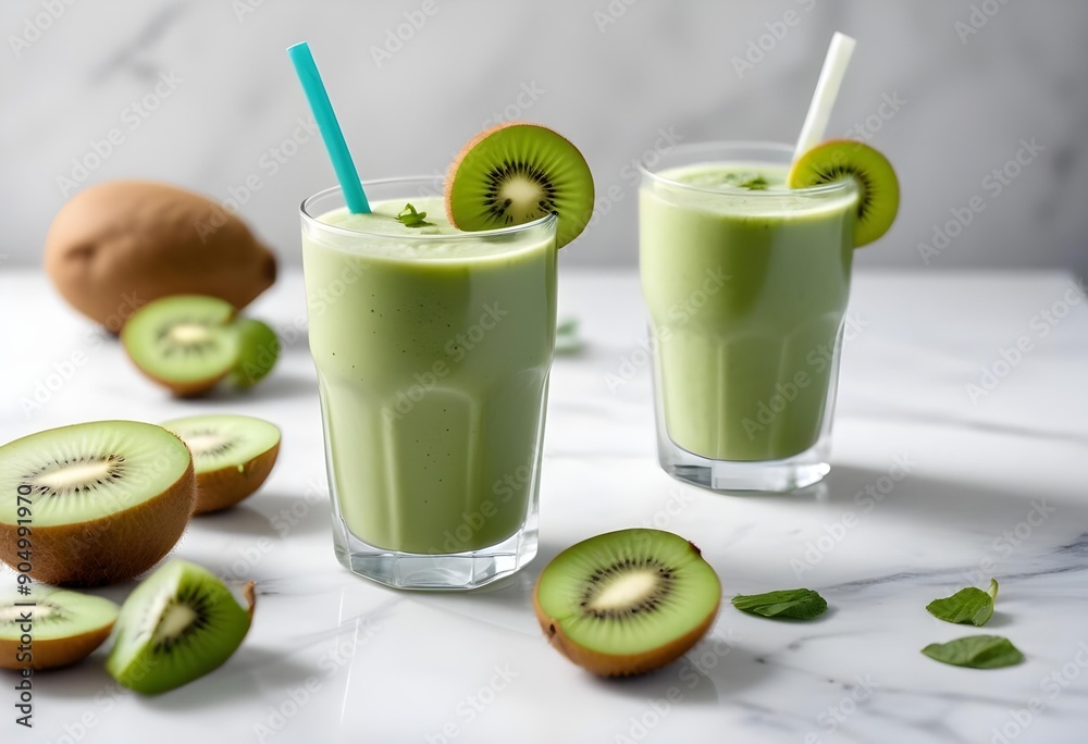Fresh kiwi fruit juice served in an elegant, modern kitchen.
