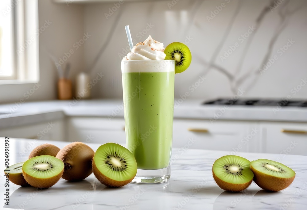 Fresh kiwi fruit juice served in an elegant, modern kitchen. Fresh kiwi fruit juice served in an elegant, modern kitchen.