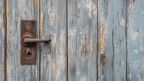 The closeup view captures a weathered wooden door featuring chipped paint and a rusty metal handle, showcasing its aging texture and rustic charm © Ilia Nesolenyi
