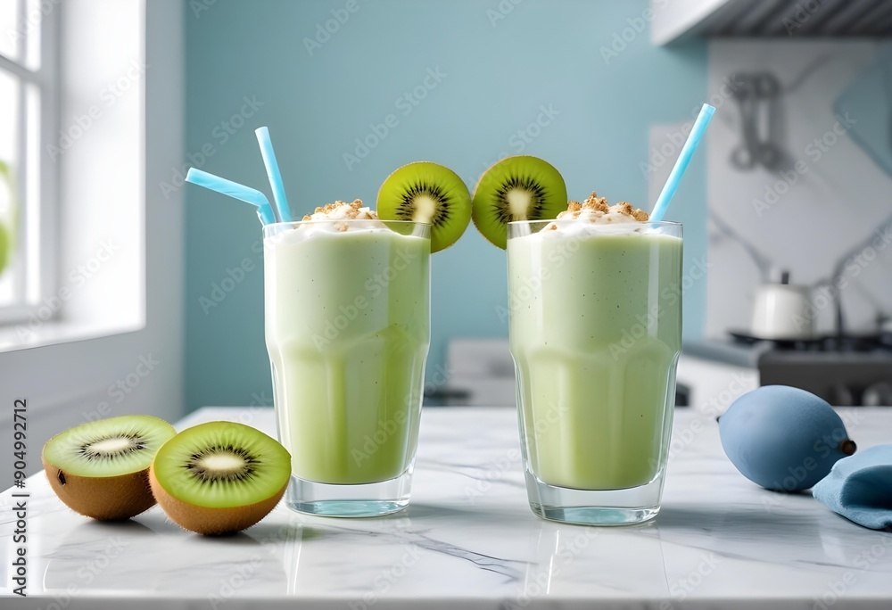 Fresh kiwi fruit juice served in an elegant, modern kitchen. Fresh kiwi fruit juice served in an elegant, modern kitchen.