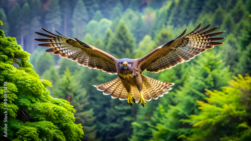 Fototapeta premium a hungry hawk soaring high above a dense forest