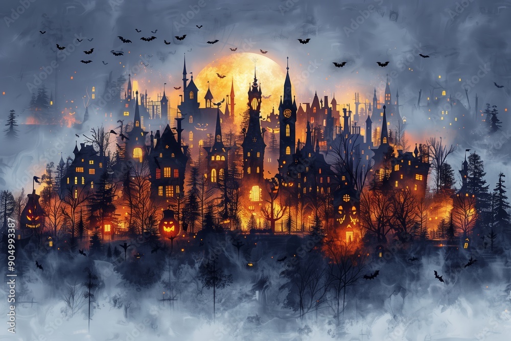 Fototapeta premium Isolated Halloween City Panorama on White Background: High Contrast Visuals