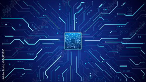 Abstract CPU chip with glowing pixels on technology circuit board. Digital semiconductor or computer processor on a motherboard. Tech bg. Electronic and Computer concept. Light vector illustration