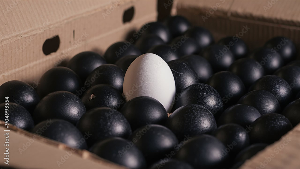 White egg surrounded by black chicken eggs in a cardboard box White egg surrounded by black chicken eggs in a cardboard box