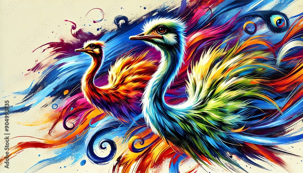 Fototapeta An abstract dynamic and vivid painting of two ostriches