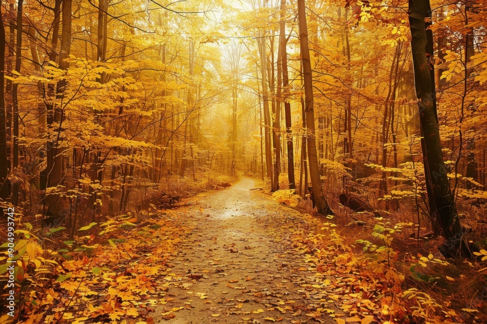 Gold Foliage. Autumn Forest Scenery with Fall Leaves Road and Warm Light Gold Foliage. Autumn Forest Scenery with Fall Leaves Road and Warm Light
