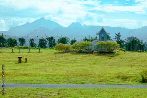 Aerial drone view of highland scenery with Sibayak Mountain peak in Berastagi, North Sumatra, Indonesia.  photo