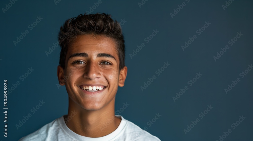 Happy cheerful young latino generation z. Smiling funny ethnic cool generation z teenage student, dark blue background.