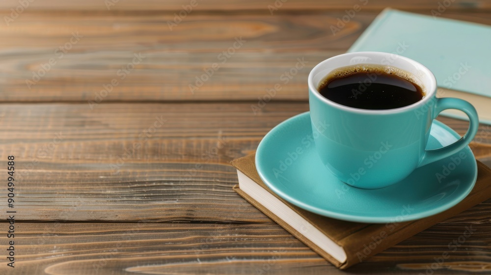 Obraz premium A cozy scene featuring a turquoise coffee cup filled with black coffee, resting on a wooden table next to a book.
