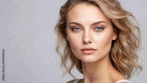 Blonde woman with light background posing gracefully.