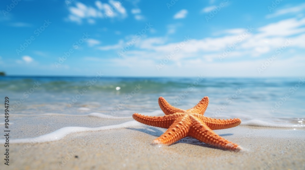 Tropical beach with sea star in sand close up. Neural network ai generated art Tropical beach with sea star in sand close up. Neural network ai generated art