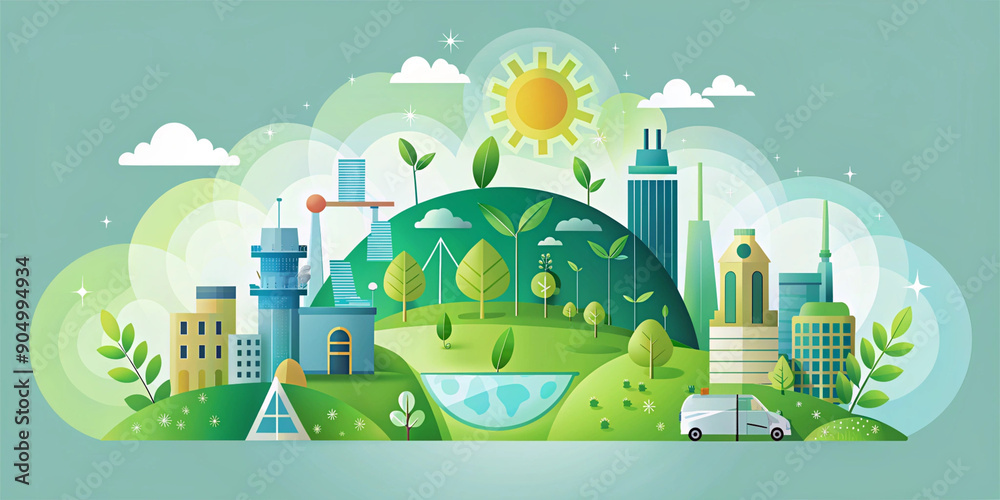 Naklejka premium n illustrated banner representing ecological concepts and environmental sustainability, featuring elements like wind turbines, solar panels, trees, and the Earth