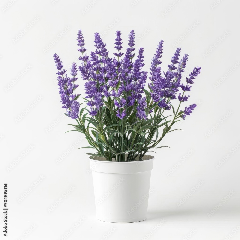 Obraz premium A beautiful lavender plant in a white pot, with a white background. The lavender is in full bloom, with purple flowers and green leaves. The plant is about 12 inches tall.