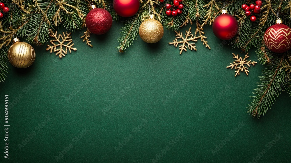 Christmas Ornaments Background with Red Golden Balls Pine Branches Pinecones Berries Christmas Ornaments Background with Red Golden Balls Pine Branches Pinecones Berries
