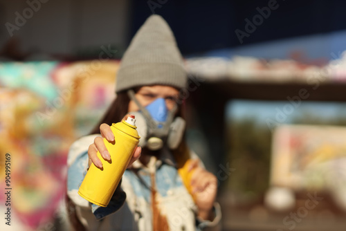 Young woman in respirator w...