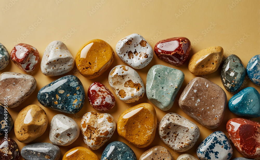 A diverse assortment of polished stones in different colors and patterns neatly arranged on a warm beige background surface. A diverse assortment of polished stones in different colors and patterns neatly arranged on a warm beige background surface.
