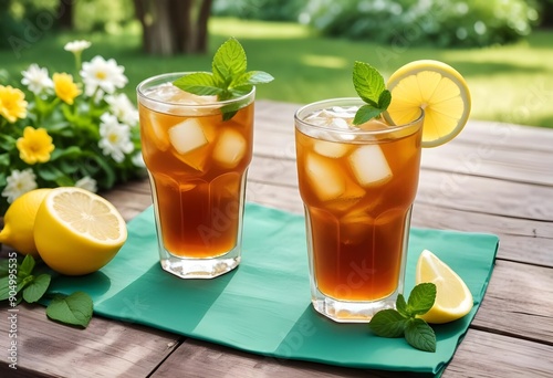 Mint tea with ice served on a wooden table on a terrace surrounded by green trees and shrubs.