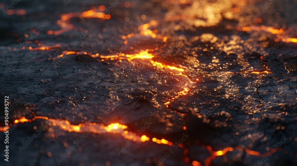 A dramatic depiction of molten lava flowing over a road surface, emphasizing the intense heat and fiery nature of volcanic activity A dramatic depiction of molten lava flowing over a road surface, emphasizing the intense heat and fiery nature of volcanic activity