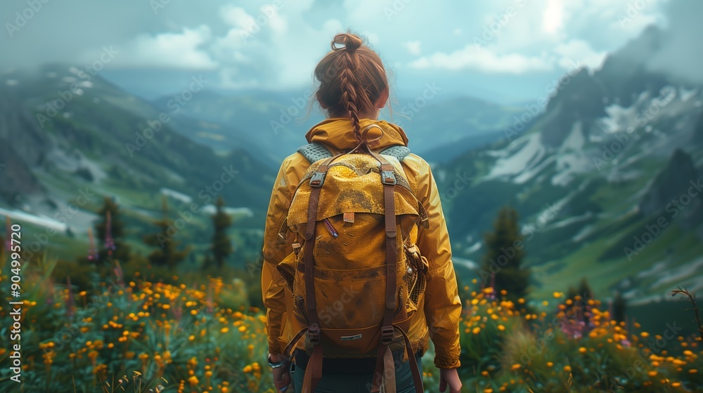 Hiker Enjoying Scenic Mountain View Surrounded by Colorful Wildflowers and Lush Greenery at Dawn Hiker Enjoying Scenic Mountain View Surrounded by Colorful Wildflowers and Lush Greenery at Dawn