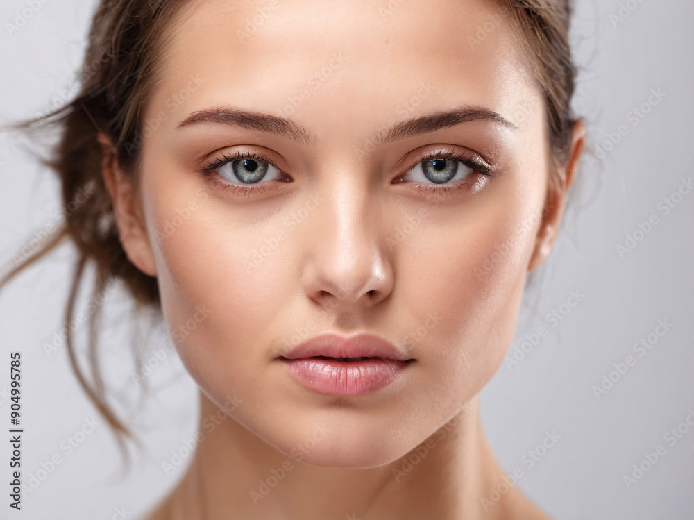 Close-up of a serene young woman with flawless skin, neutral gray background, portraying a sense of calm and purity. Close-up of a serene young woman with flawless skin, neutral gray background, portraying a sense of calm and purity.