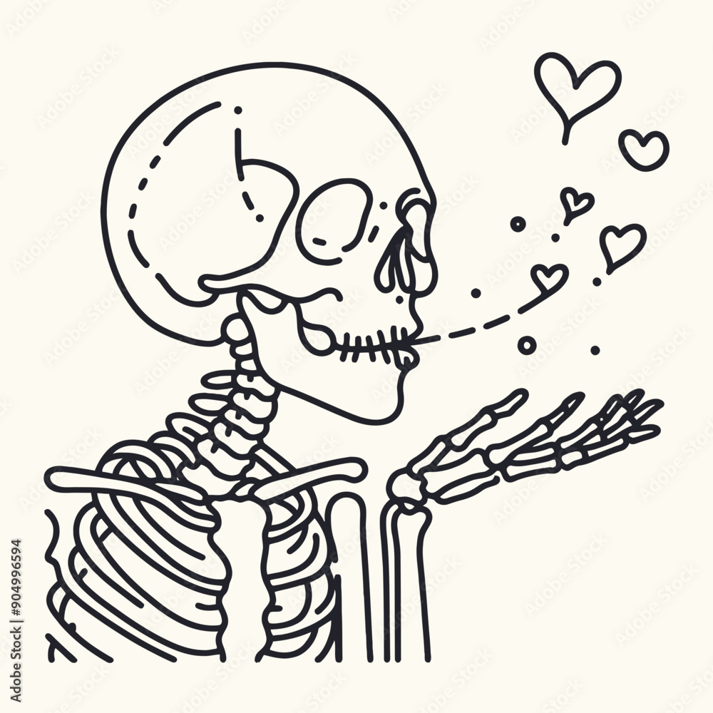 Fototapeta premium Skeleton blowing kisses Valentine Silhouette Cute Doodle Cartoon Line Art Vector Clipart illustration