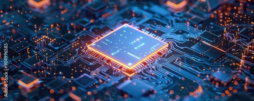 Closeup of a semiconductor chip surrounded by complex data visualization graphs, chip and data, data processing power and analytics