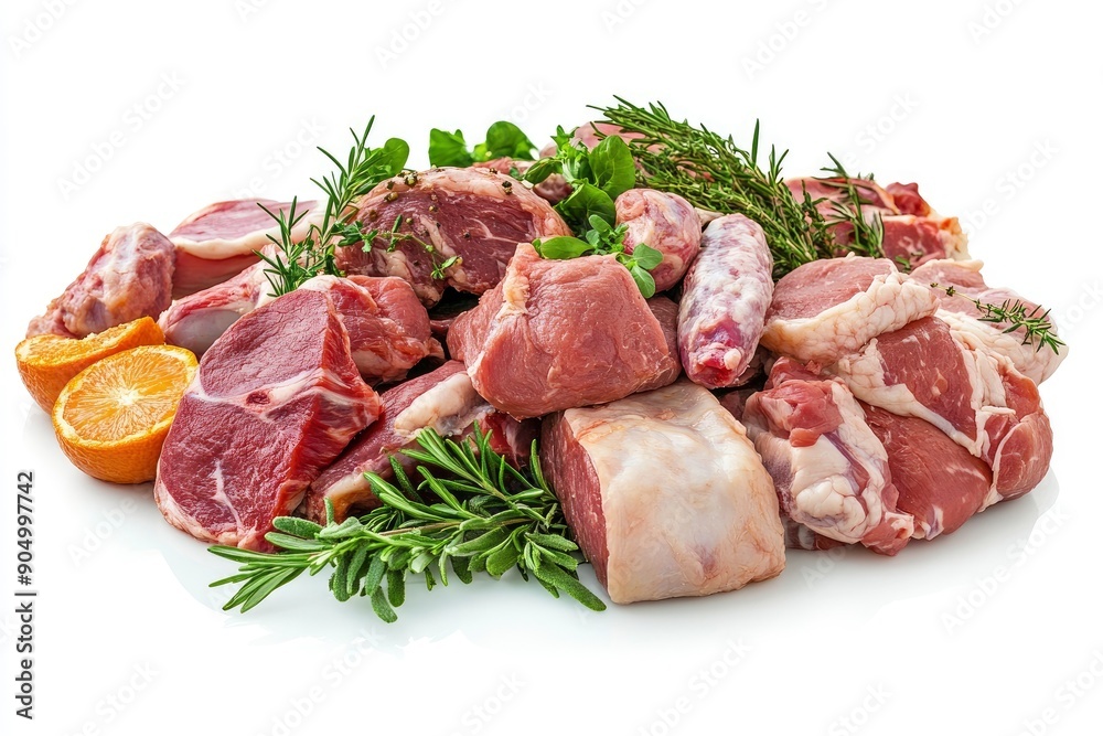 Meat assortment, different raw meat isolated on white background, full depth of field , ai Meat assortment, different raw meat isolated on white background, full depth of field , ai